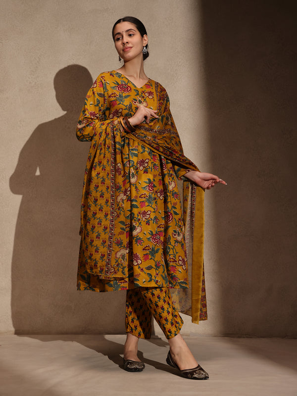 Yellow Floral Cotton Blend 3 Piece Anarkali Set