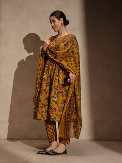 Yellow Floral Cotton Blend 3 Piece Anarkali Set