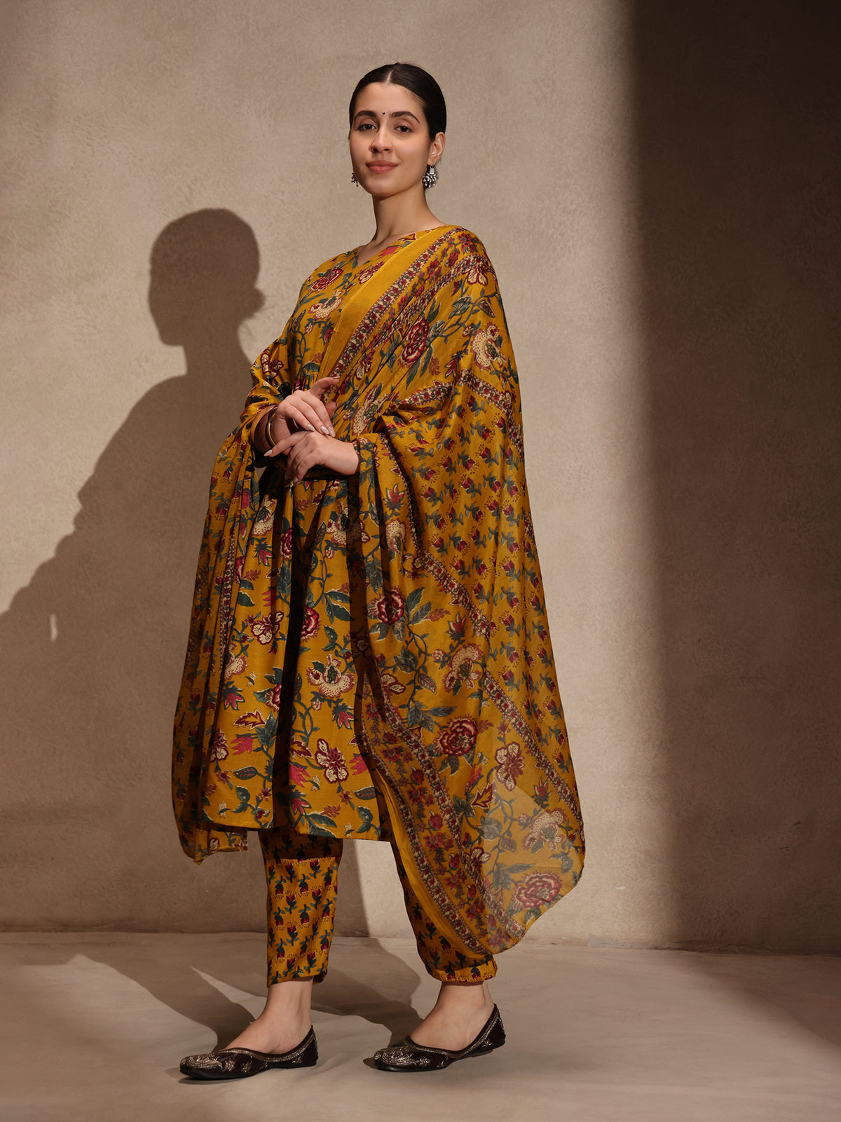 Yellow Floral Cotton Blend 3 Piece Anarkali Set