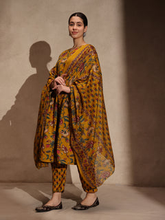 Yellow Floral Cotton Blend 3 Piece Anarkali Set