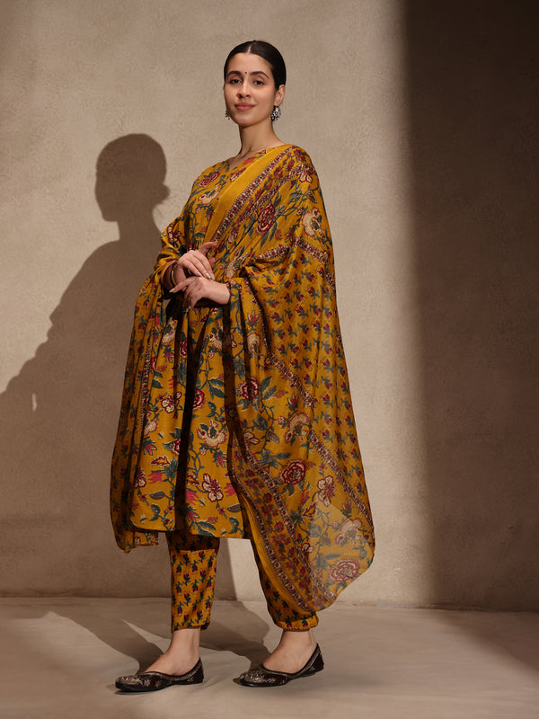 Yellow Floral Cotton Blend 3 Piece Anarkali Set