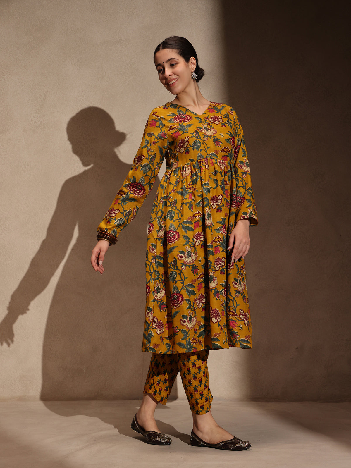 Yellow Floral Cotton Blend 3 Piece Anarkali Set