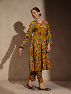 Yellow Floral Cotton Blend 3 Piece Anarkali Set