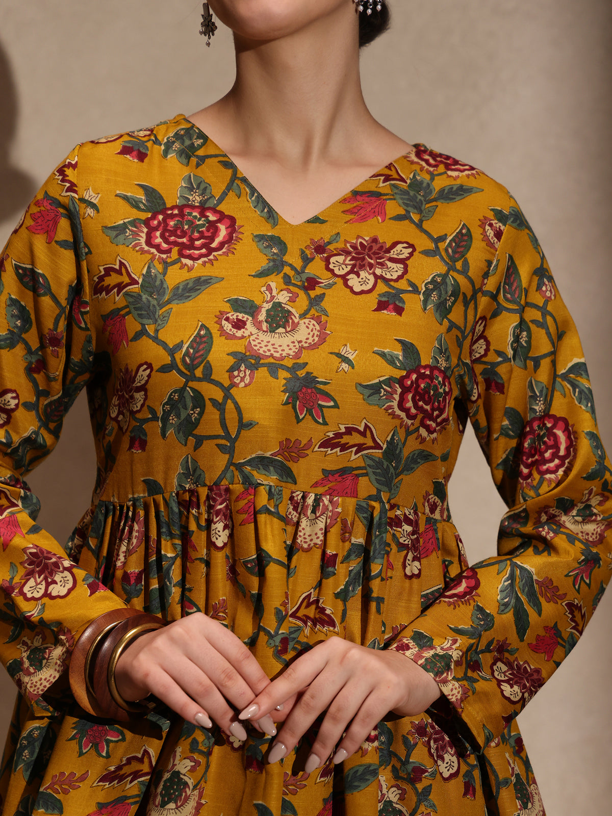 Yellow Floral Cotton Blend 3 Piece Anarkali Set