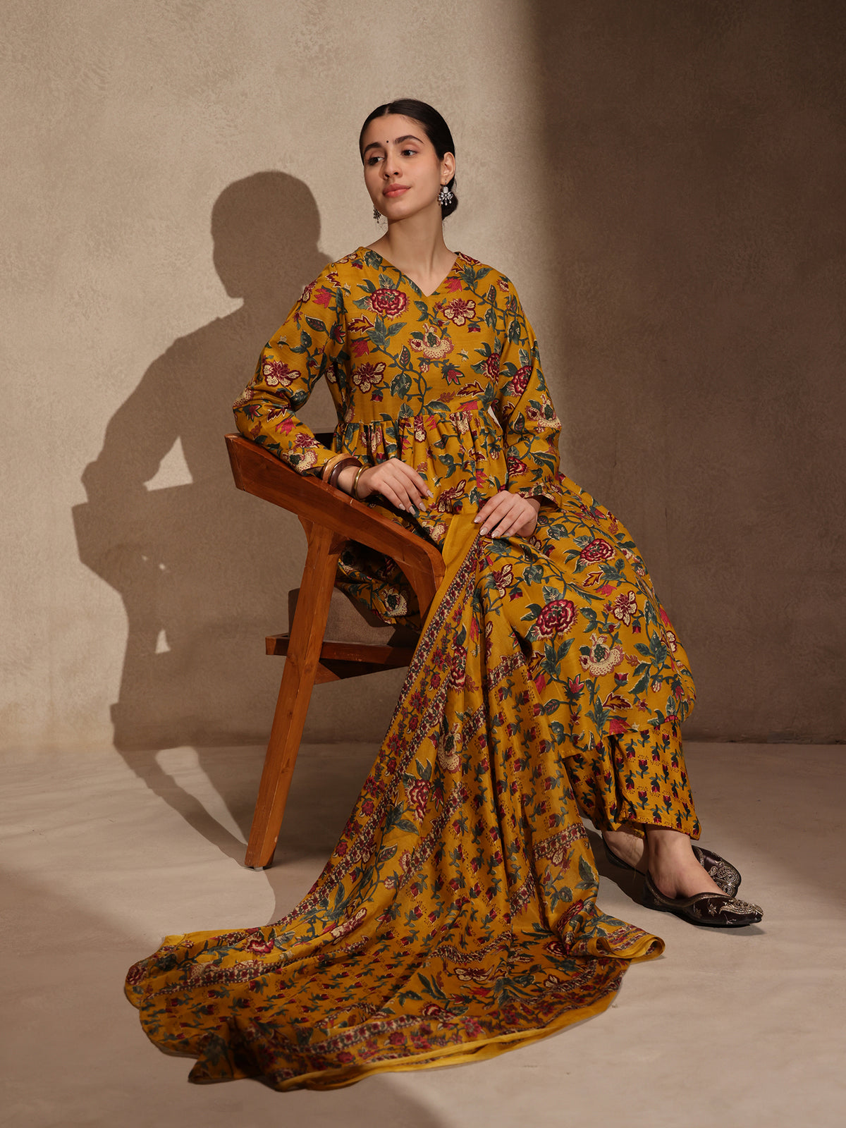Yellow Floral Cotton Blend 3 Piece Anarkali Set