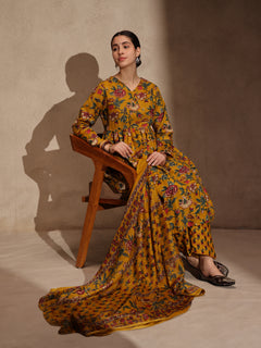 Yellow Floral Cotton Blend 3 Piece Anarkali Set
