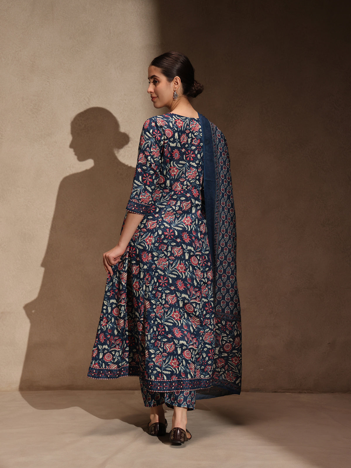 Blue Floral Anarkali 3 Piece Set with Pant for Women
