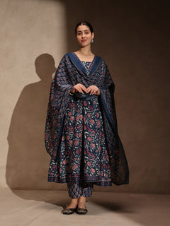 Blue Floral Anarkali 3 Piece Set with Pant for Women
