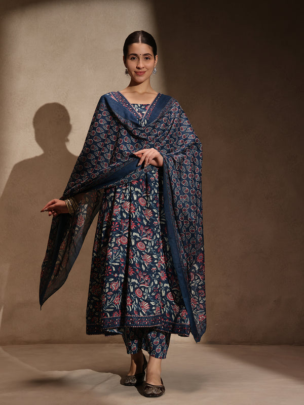 Blue Floral Anarkali 3 Piece Set with Pant for Women