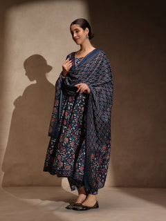 Blue Floral Anarkali 3 Piece Set with Pant for Women