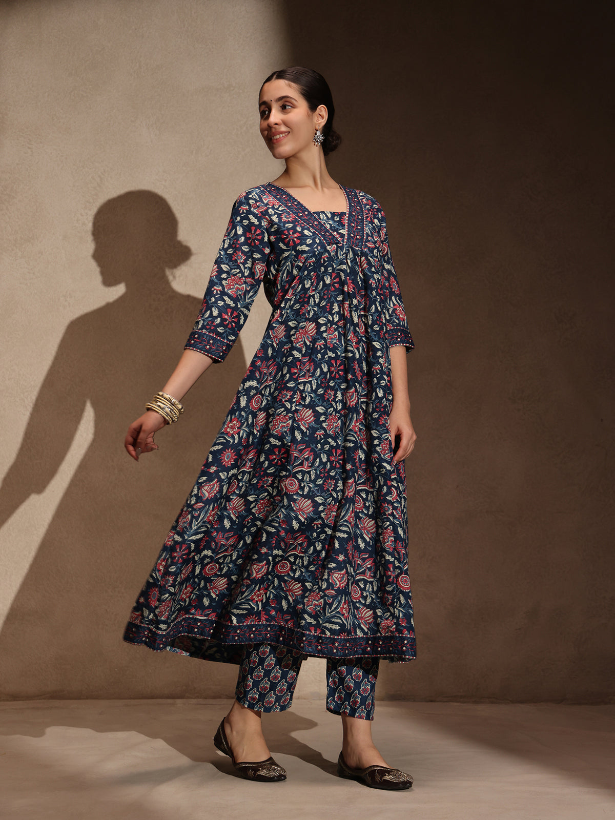 Blue Floral Anarkali 3 Piece Set with Pant for Women