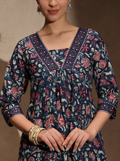 Blue Floral Anarkali 3 Piece Set with Pant for Women