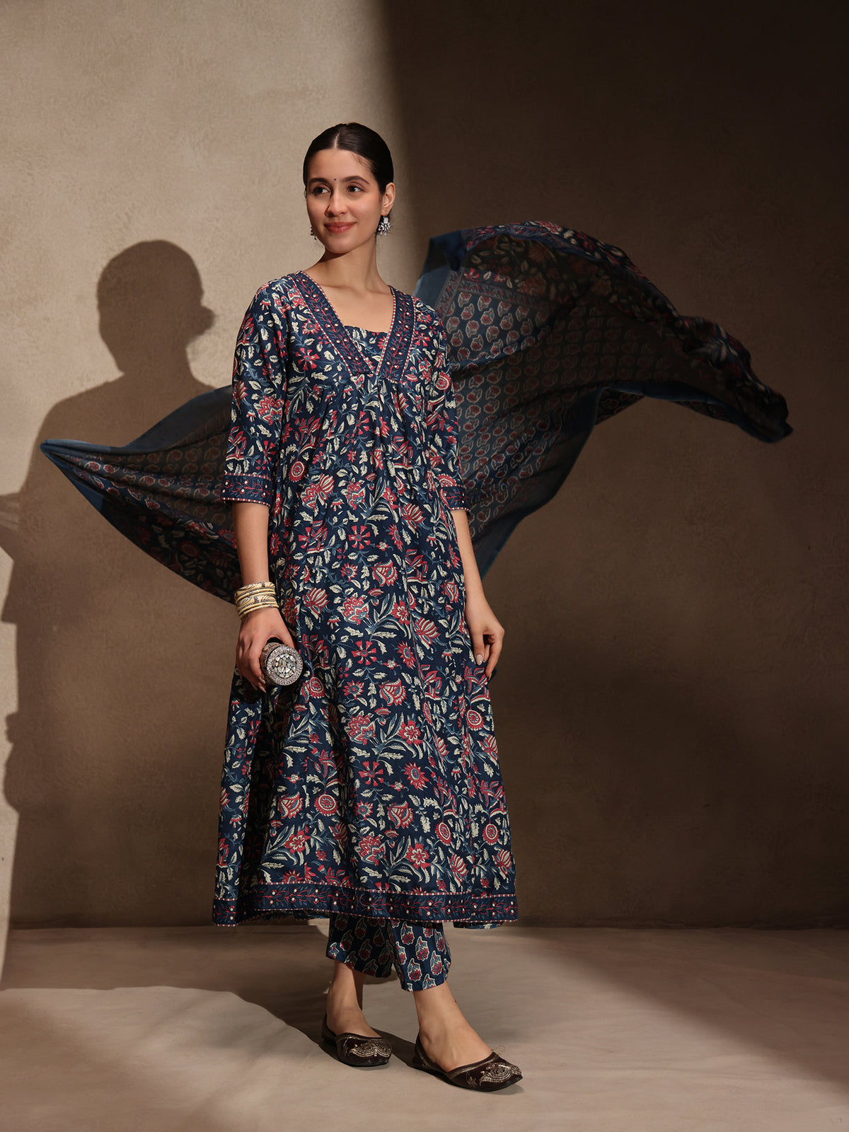 Blue Floral Anarkali 3 Piece Set with Pant for Women