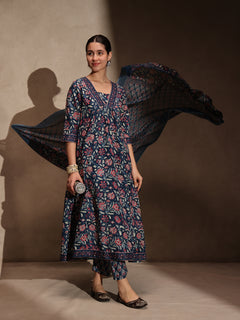 Blue Floral Anarkali 3 Piece Set with Pant for Women
