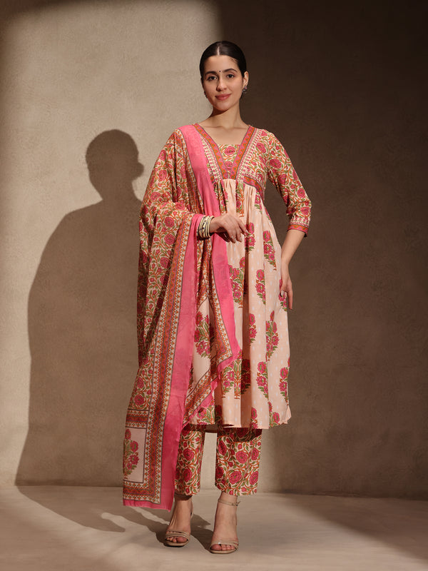 Peach Floral Anarkali 3 Piece Set with Pant