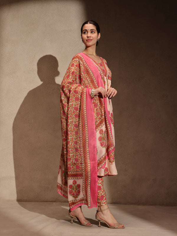 Peach Floral Anarkali 3 Piece Set with Pant