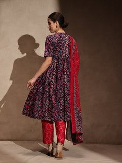 Blue Floral Anarkali 3 Piece Set with Pant