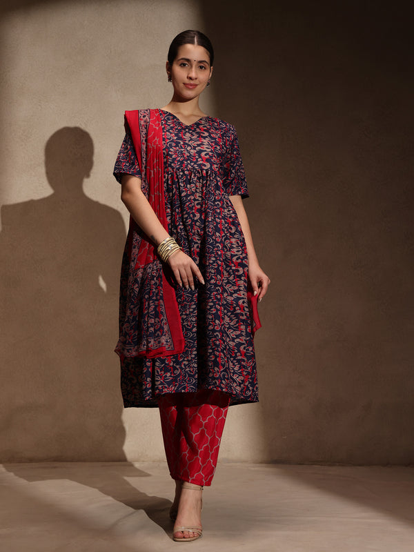 Blue Floral Anarkali 3 Piece Set with Pant