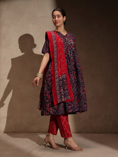 Blue Floral Anarkali 3 Piece Set with Pant