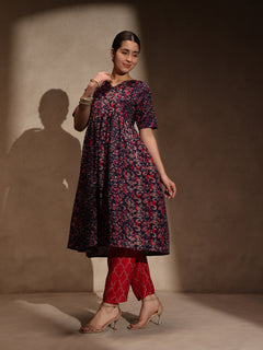 Blue Floral Anarkali 3 Piece Set with Pant