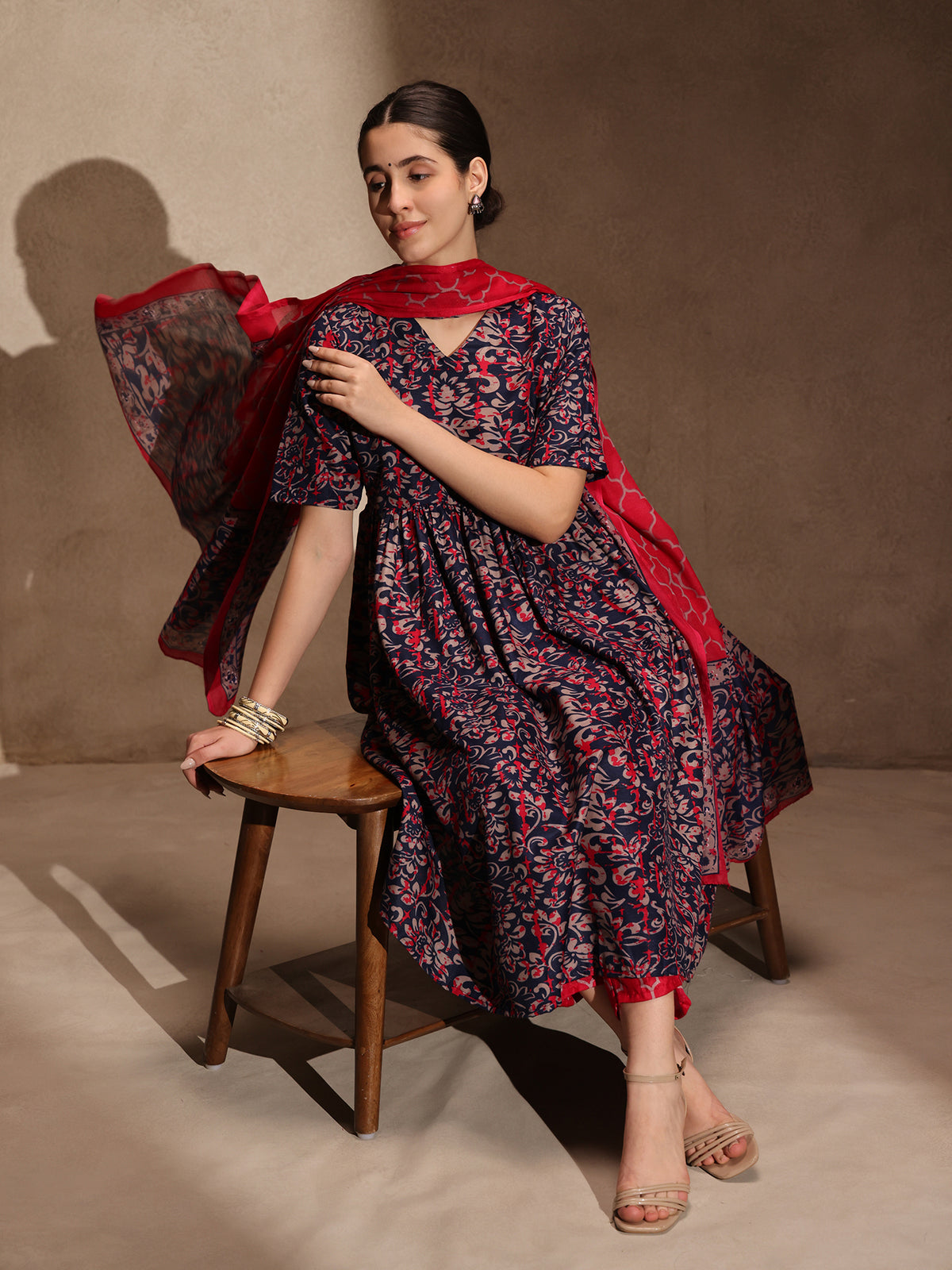 Blue Floral Anarkali 3 Piece Set with Pant