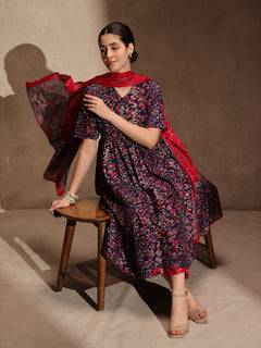 Blue Floral Anarkali 3 Piece Set with Pant