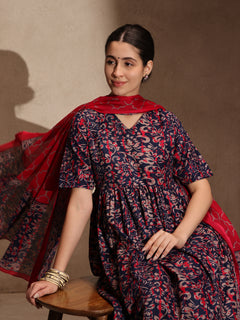 Blue Floral Anarkali 3 Piece Set with Pant