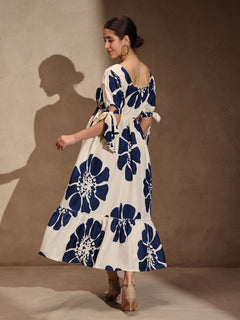 White Floral Rayon Flared Gown