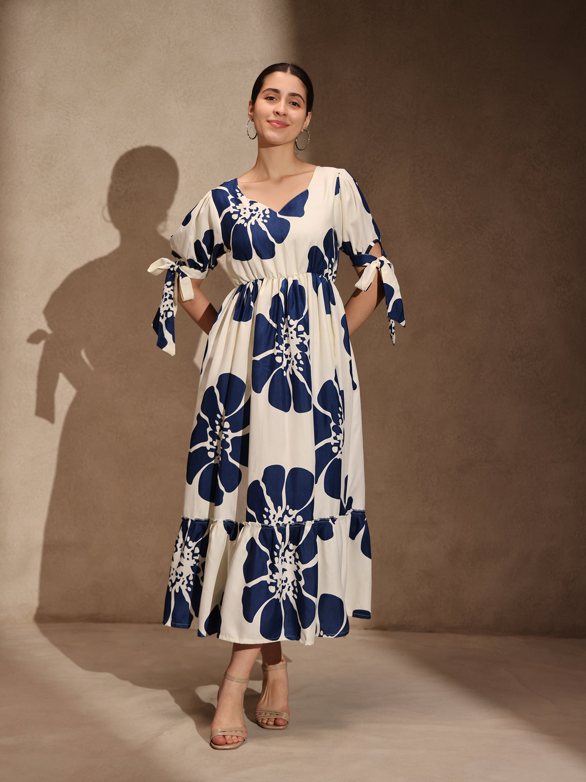 White Floral Rayon Flared Gown