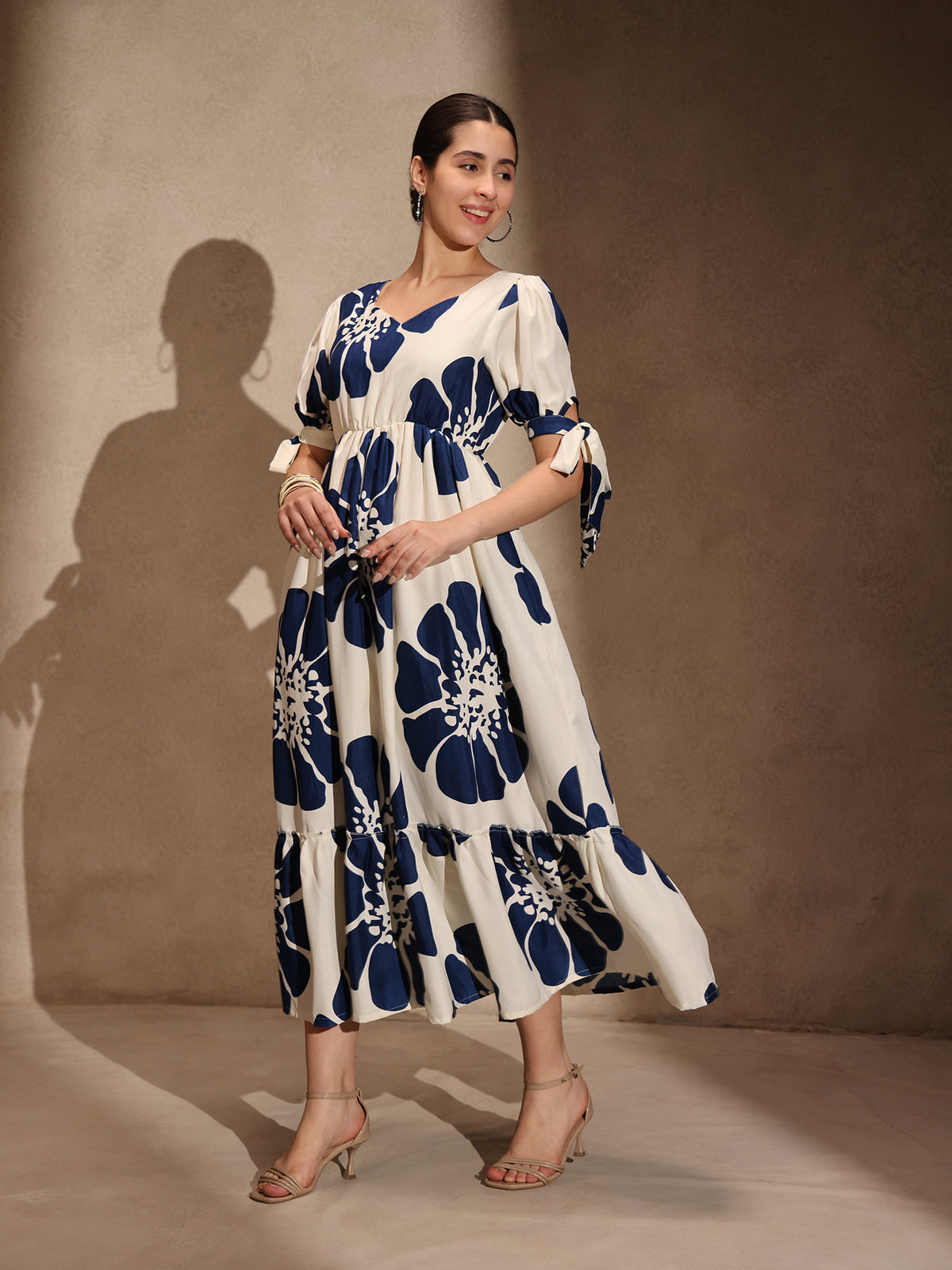 White Floral Rayon Flared Gown