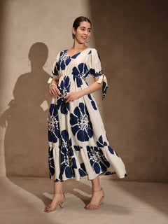 White Floral Rayon Flared Gown