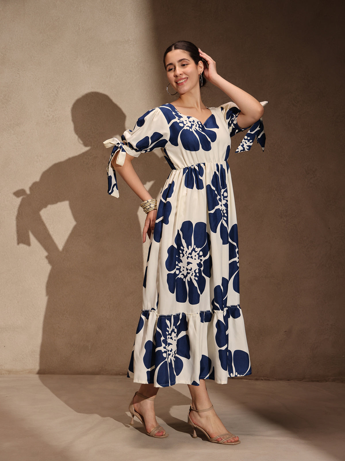 White Floral Rayon Flared Gown
