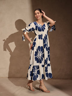 White Floral Rayon Flared Gown