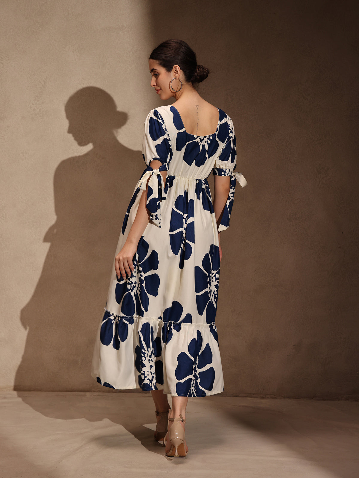 White Floral Rayon Flared Gown