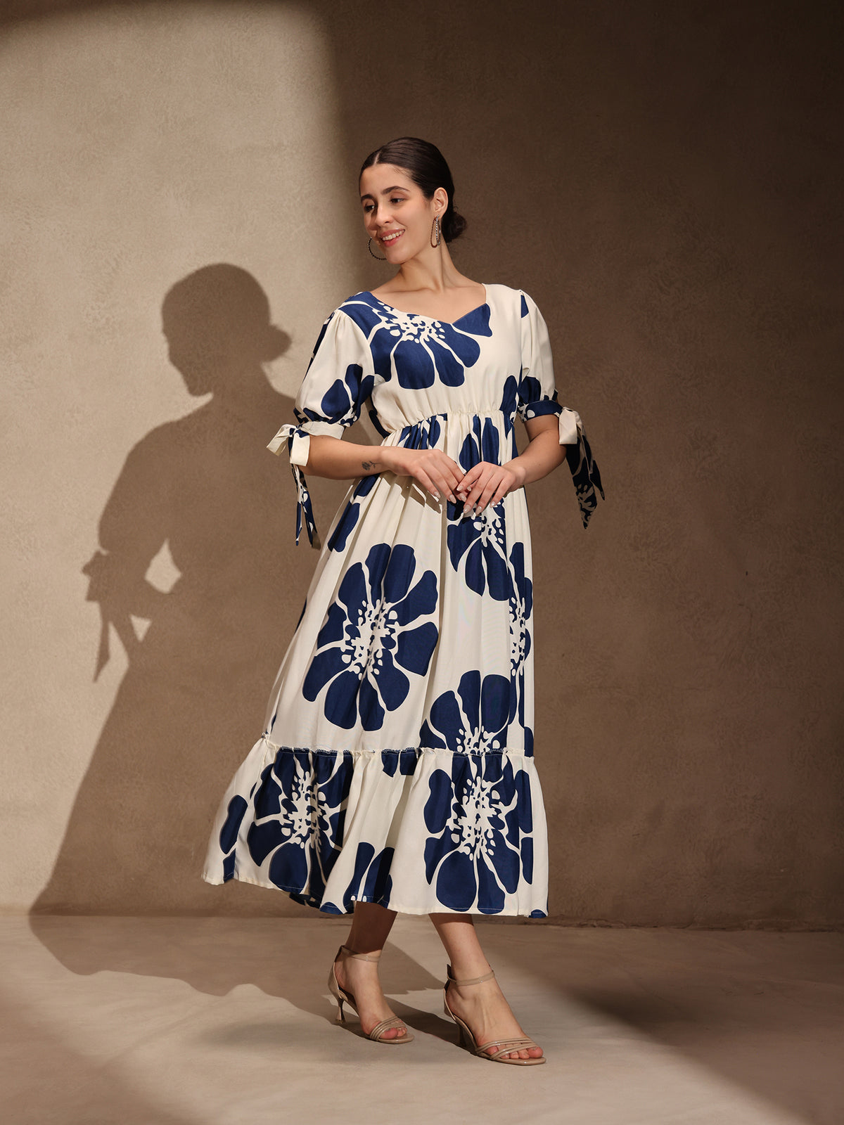 White Floral Rayon Flared Gown