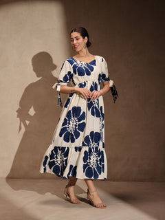 White Floral Rayon Flared Gown