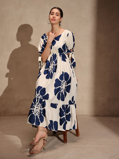 White Floral Rayon Flared Gown