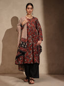 Coffee Floral Cotton Blend Anarkali 3 Piece Set