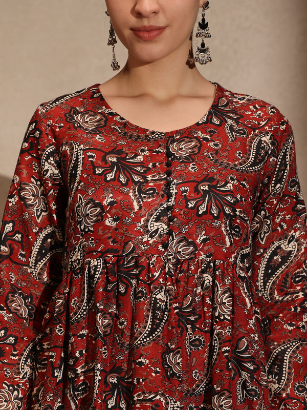 Coffee Floral Cotton Blend Anarkali 3 Piece Set