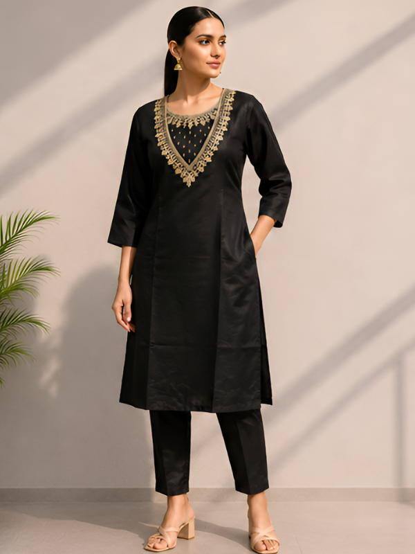 Black Silk Blend Embroidered Kurti & Pant