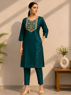 Peacock Green Silk Blend Kurti With Pant