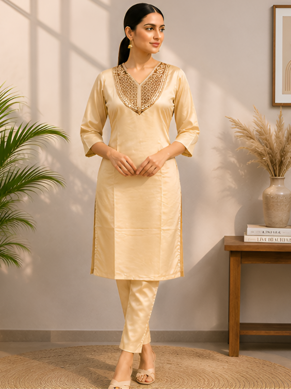 Cream Silk Blend Kurti With Pant