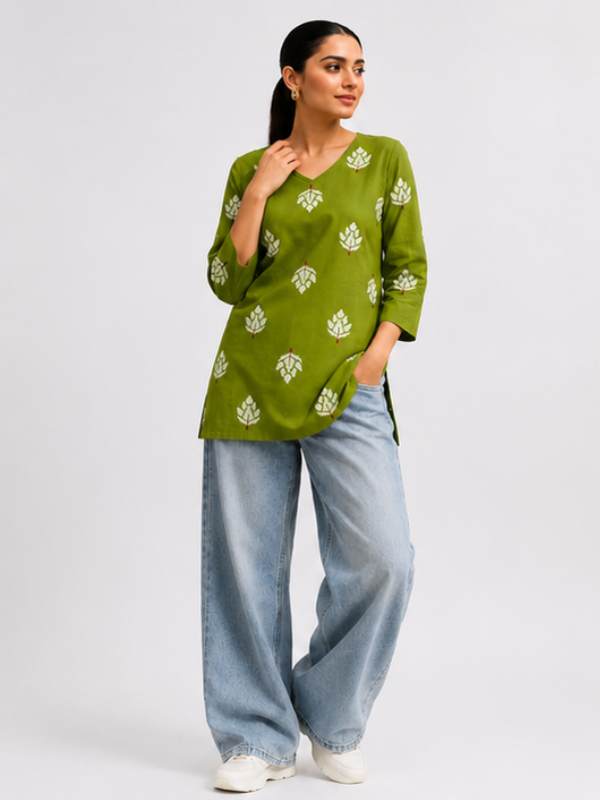 Olive Green Pure Cotton Short Straight Kurti