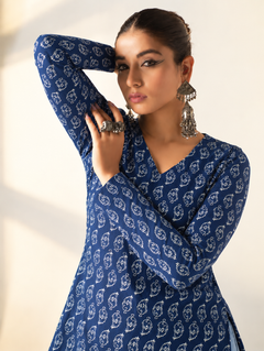 Navy Blue Cotton Short Straight Kurti