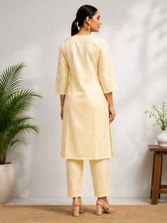 Cream Silk Blend Embroidered Kurti & Pant