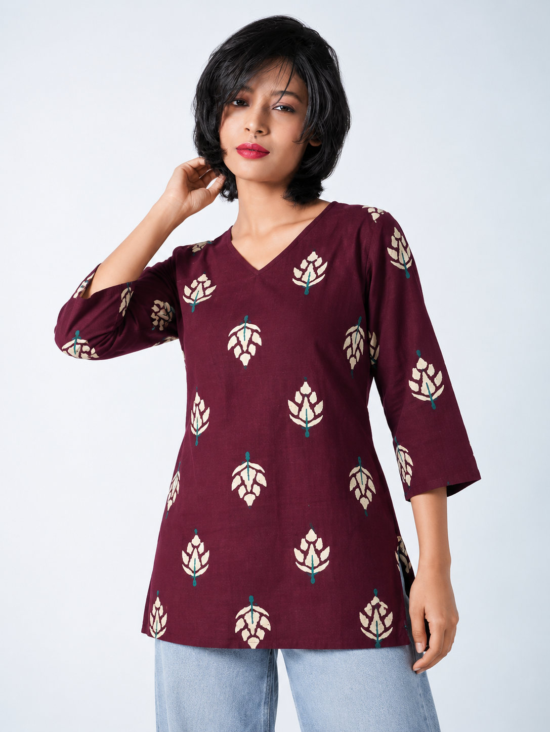 Maroon Pure Cotton Short Straight Kurti