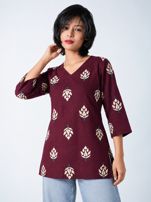 Maroon Pure Cotton Short Straight Kurti