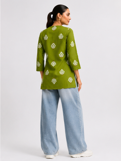Olive Green Pure Cotton Short Straight Kurti