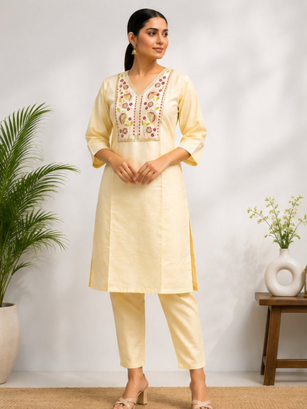 Cream Silk Blend Embroidered Kurti & Pant
