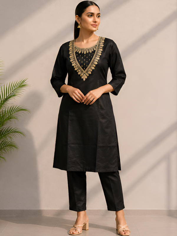 Black Silk Blend Embroidered Kurti & Pant